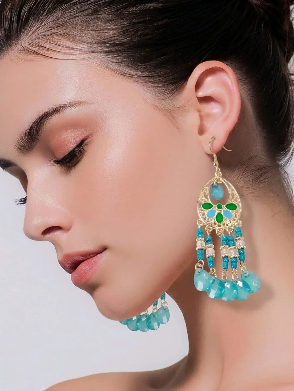 Turquoise Chandelier Earrings Gold Teardrop Coastal Boho Glam Resort Luxe Chic